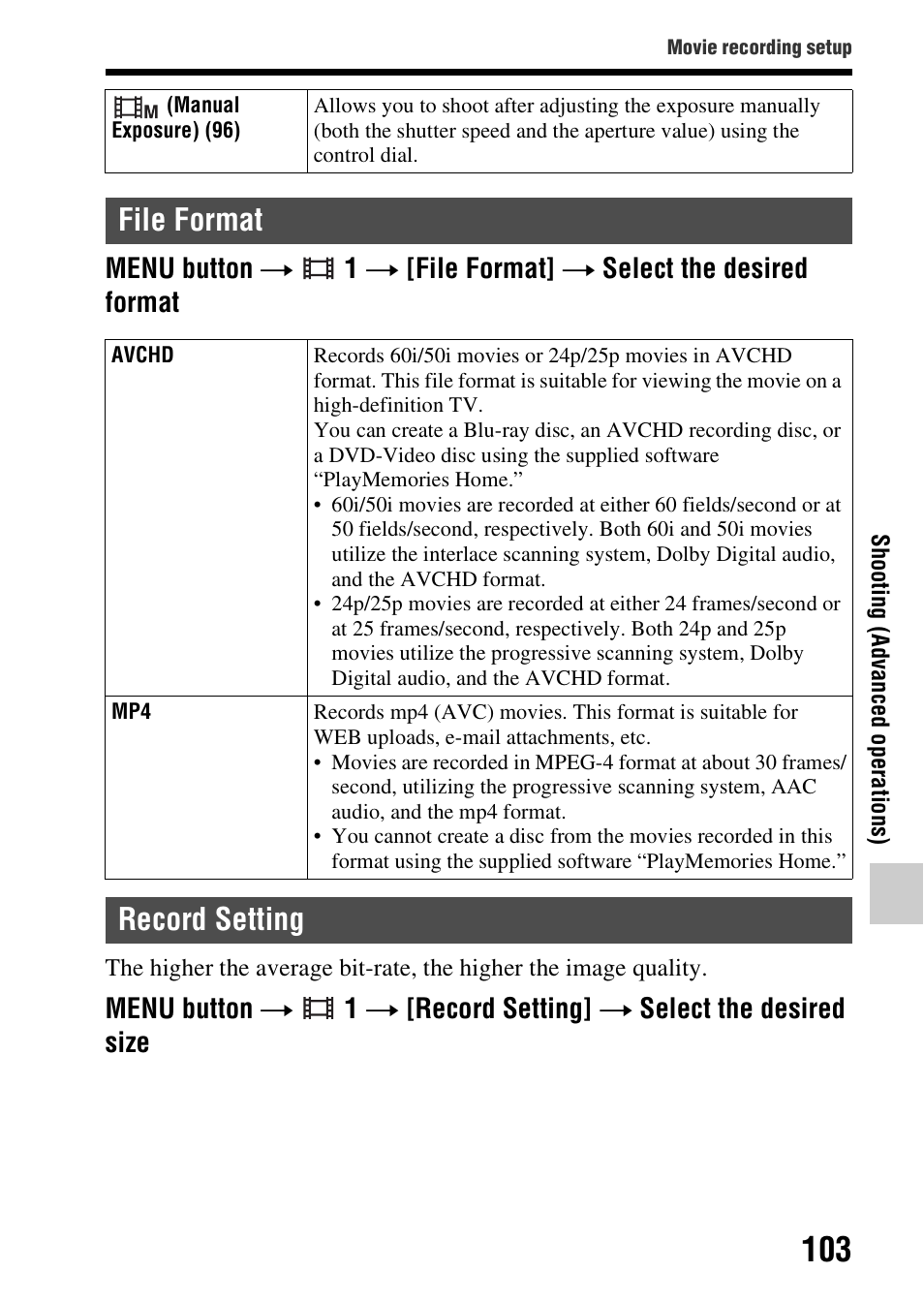 File format, Record setting, File format record setting | Ing (103) | Sony SLT-A37 User Manual | Page 103 / 209