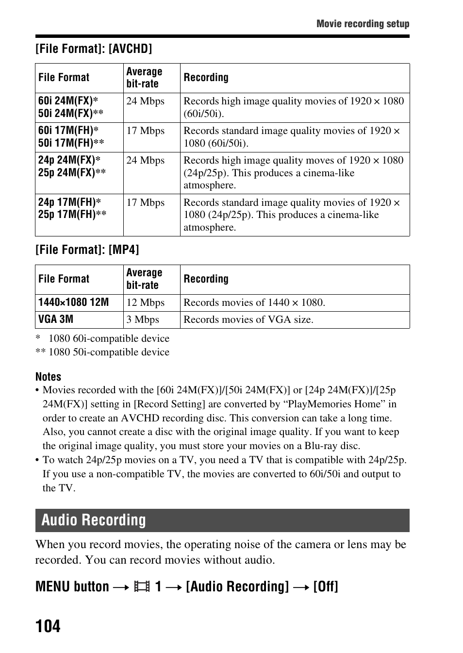 Audio recording, Menu button t 1 t [audio recording] t [off | Sony SLT-A37 User Manual | Page 104 / 209