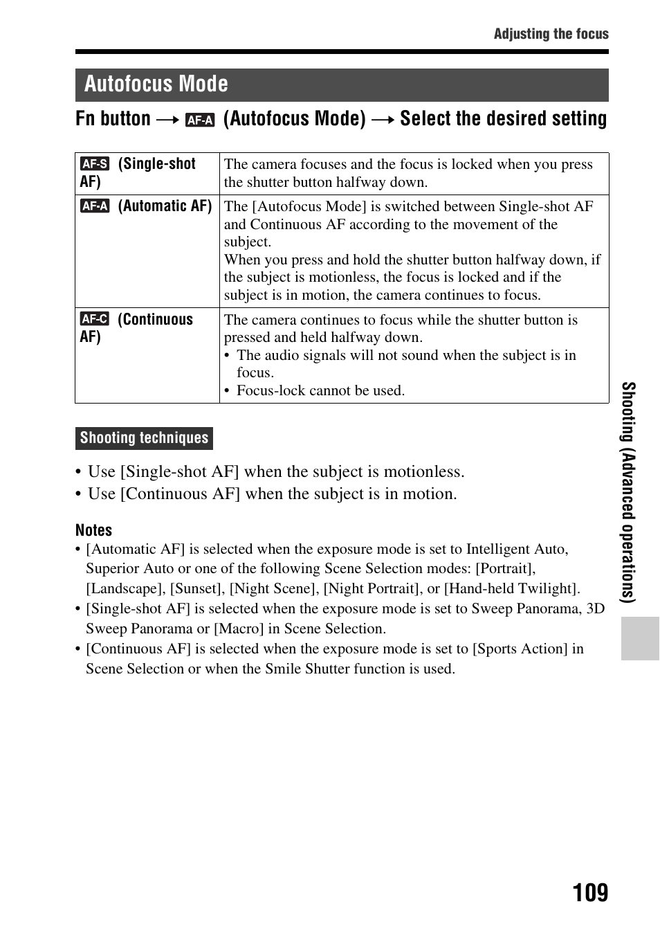 Autofocus mode, Ode (109), Fn button t | Autofocus mode) t select the desired setting | Sony SLT-A37 User Manual | Page 109 / 209