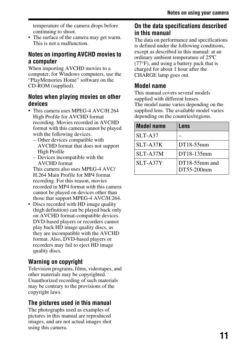 Sony SLT-A37 User Manual | Page 11 / 209