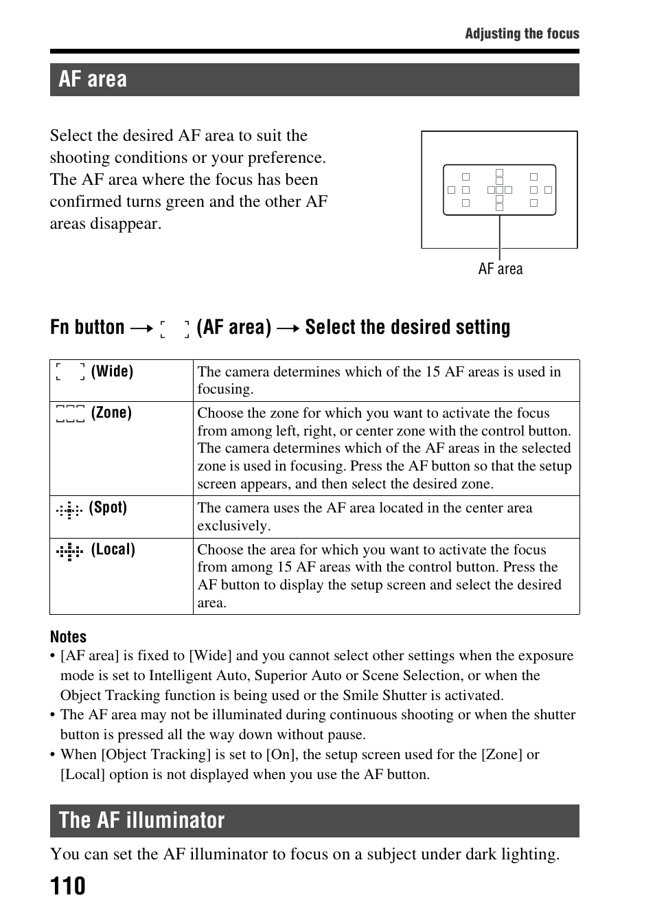 Af area, The af illuminator, Af area the af illuminator | Fn button t (af area) t select the desired setting | Sony SLT-A37 User Manual | Page 110 / 209