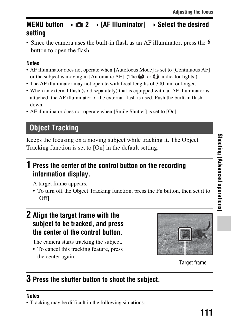 Object tracking, Acking (111) | Sony SLT-A37 User Manual | Page 111 / 209