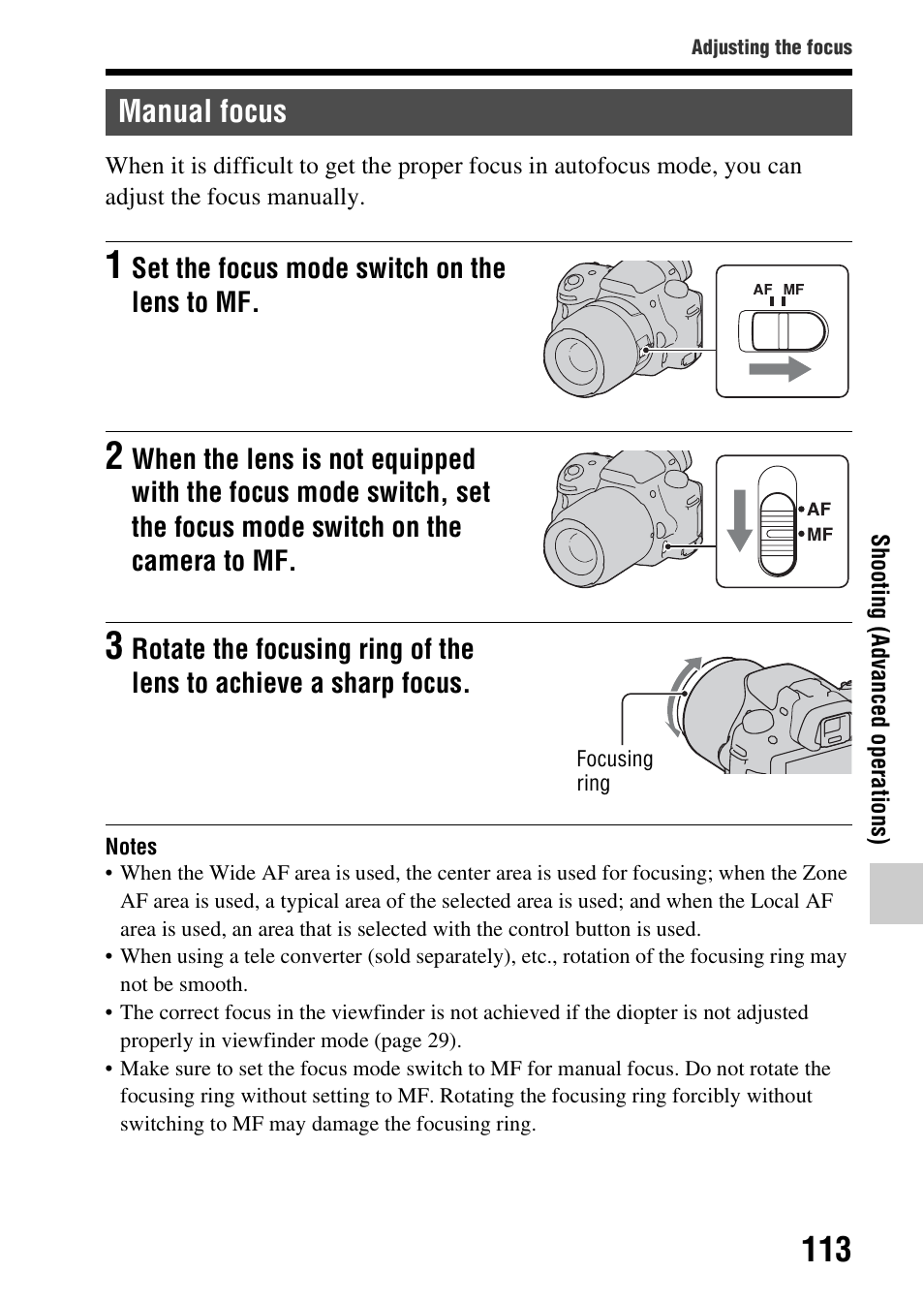 Manual focus | Sony SLT-A37 User Manual | Page 113 / 209