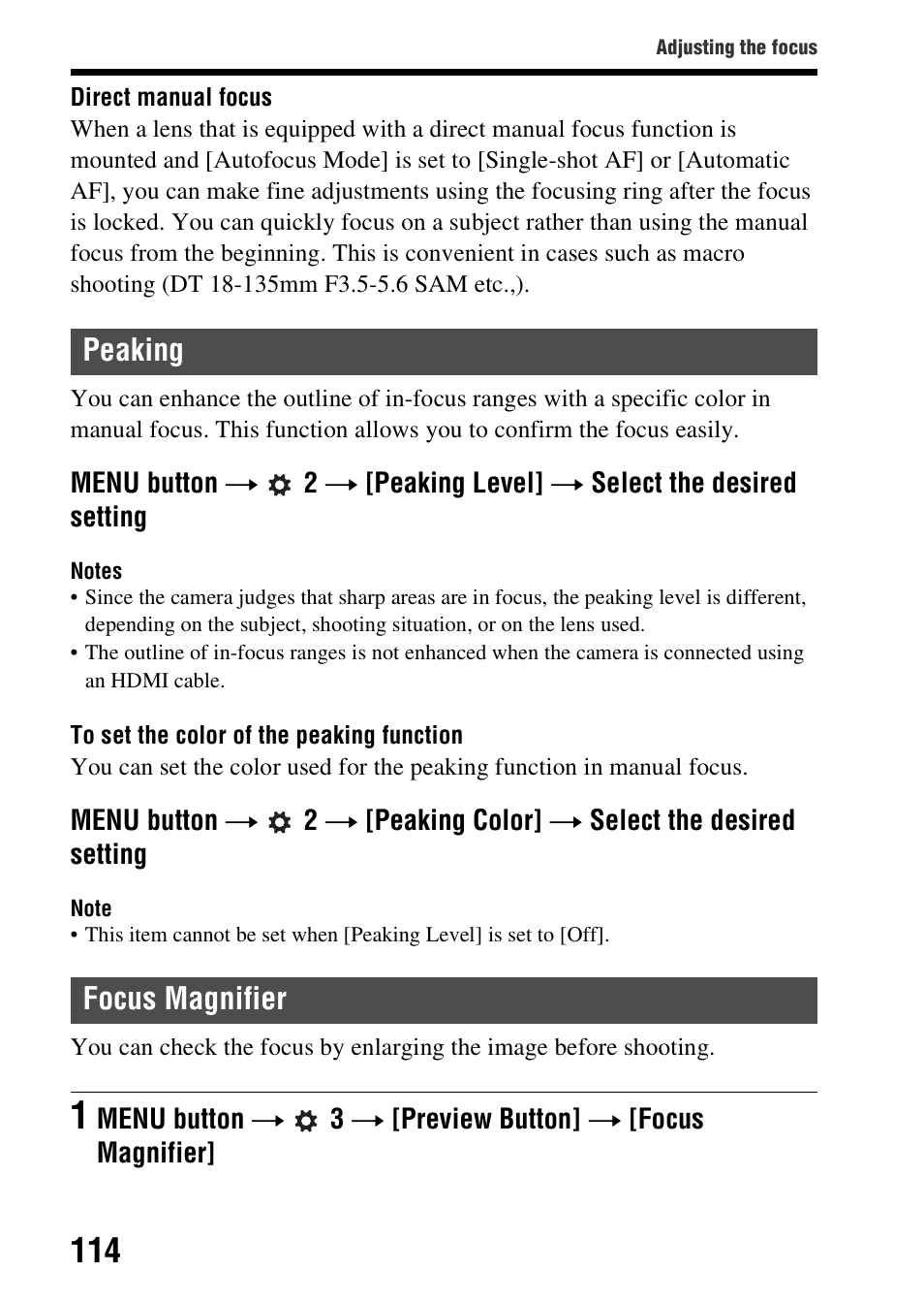 Peaking, Focus magnifier, Peaking focus magnifier | L (114) | Sony SLT-A37 User Manual | Page 114 / 209