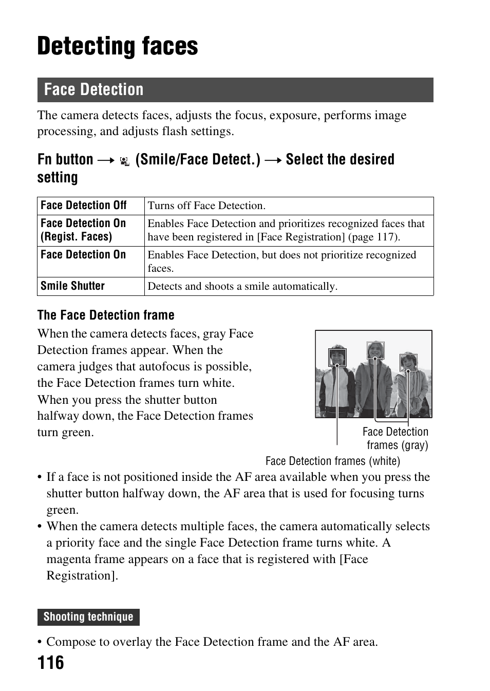 Detecting faces, Face detection, Ion (116) | Detection (116) | Sony SLT-A37 User Manual | Page 116 / 209