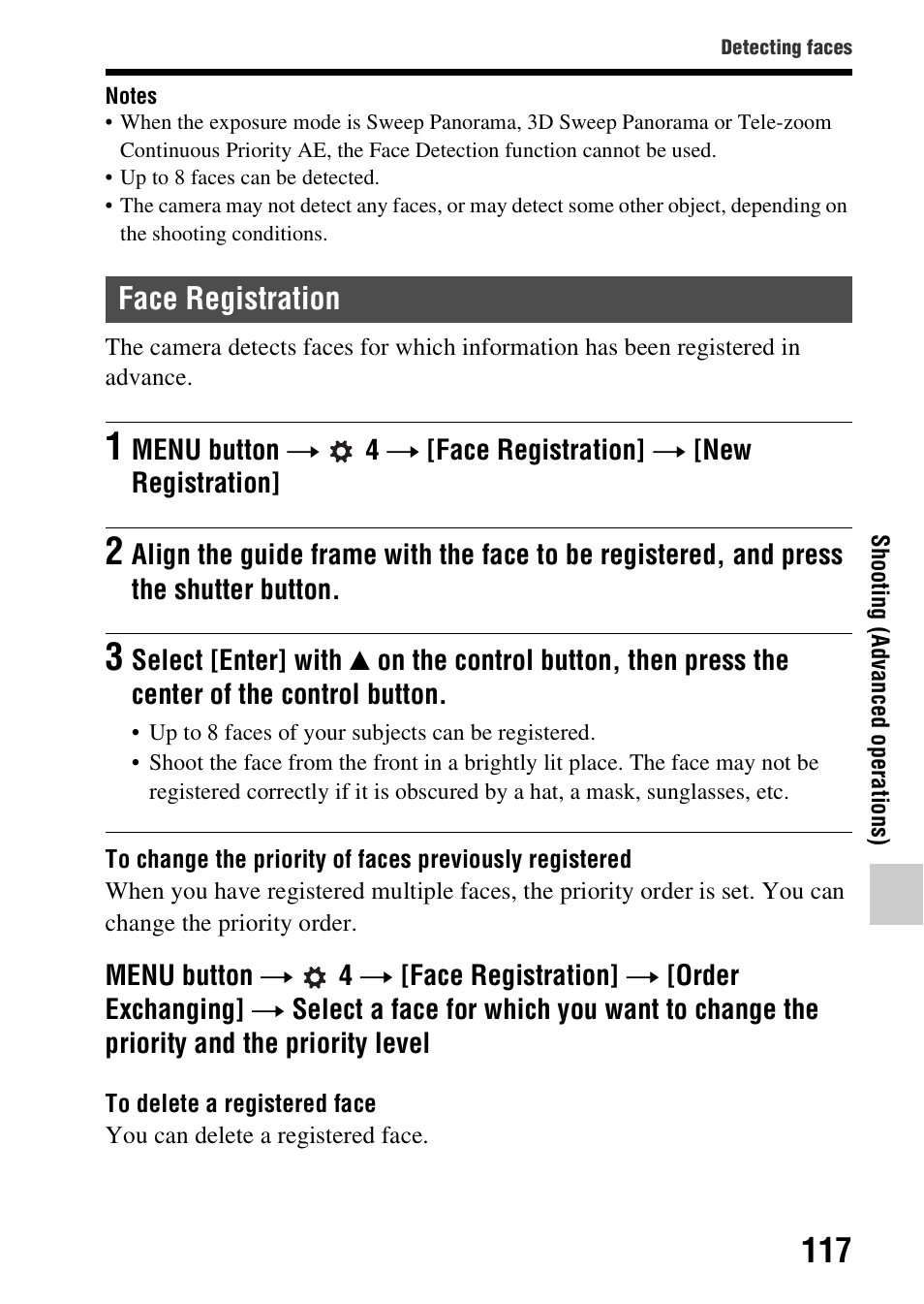 Face registration | Sony SLT-A37 User Manual | Page 117 / 209