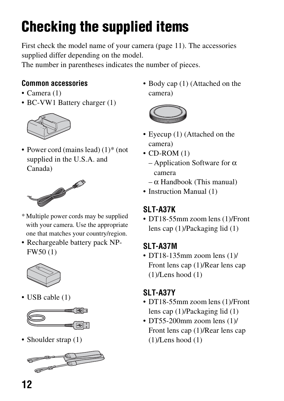 Preparing the camera, Checking the supplied items | Sony SLT-A37 User Manual | Page 12 / 209