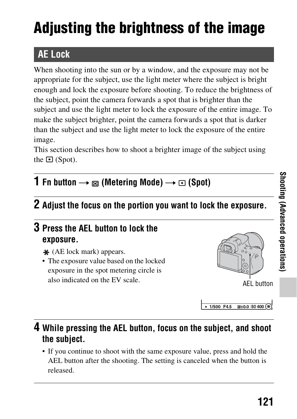 Adjusting the brightness of the image, Ae lock, N (121 | El button (121), Lock (121) | Sony SLT-A37 User Manual | Page 121 / 209