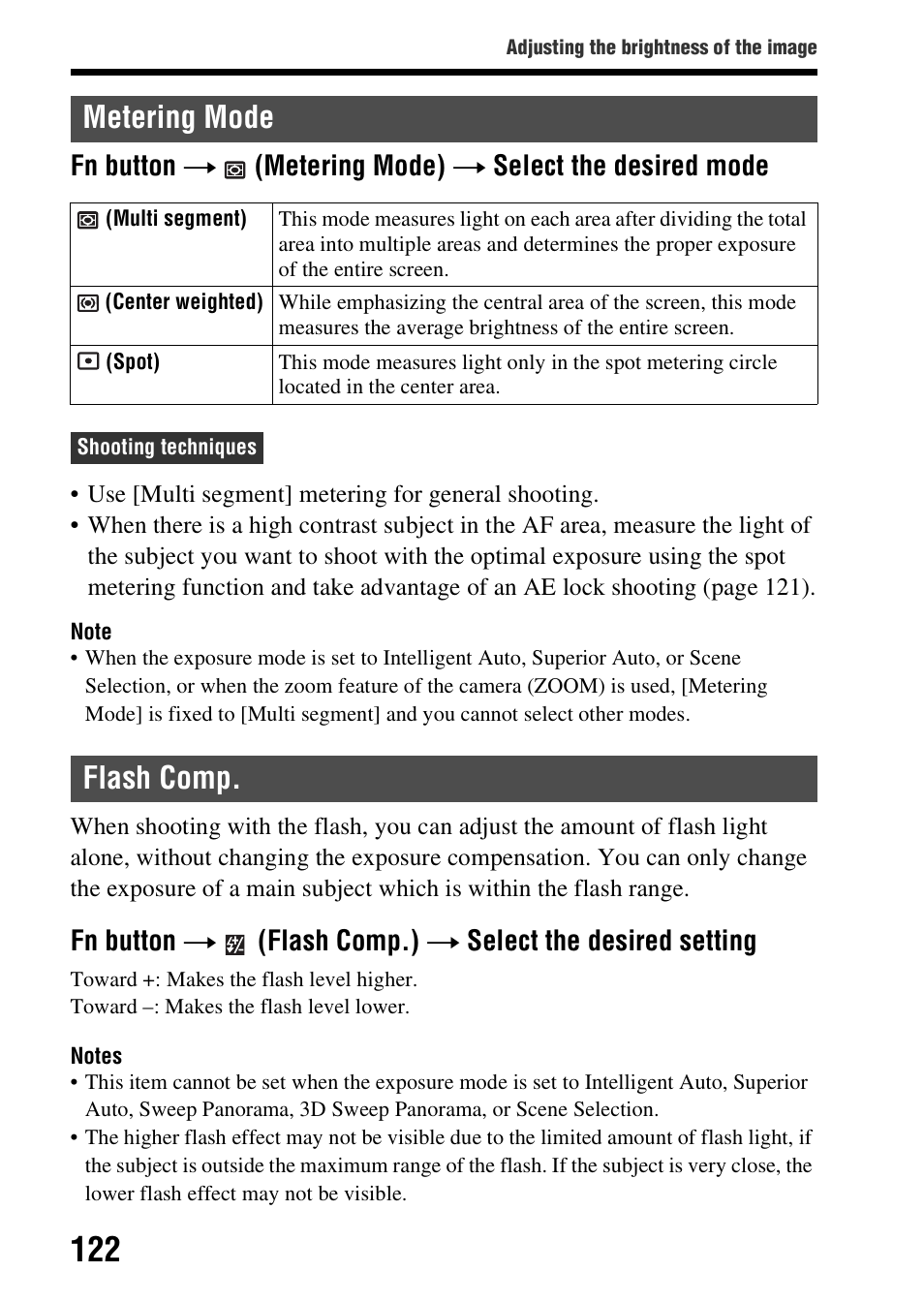 Metering mode, Flash comp, Metering mode flash comp | Ng mode (122) | Sony SLT-A37 User Manual | Page 122 / 209