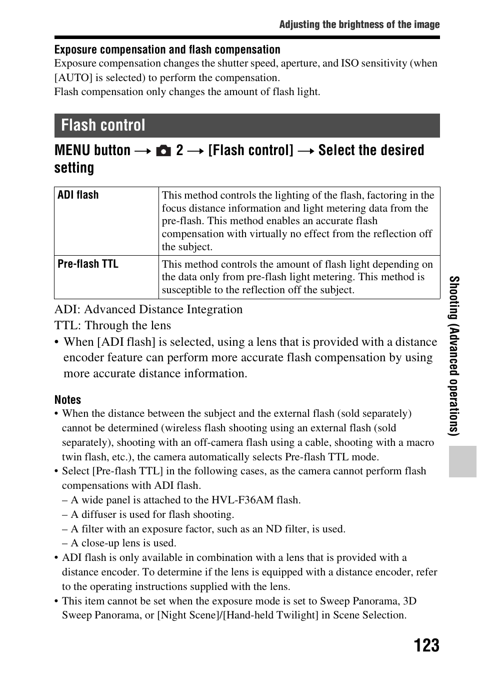 Flash control, Ol (123) | Sony SLT-A37 User Manual | Page 123 / 209