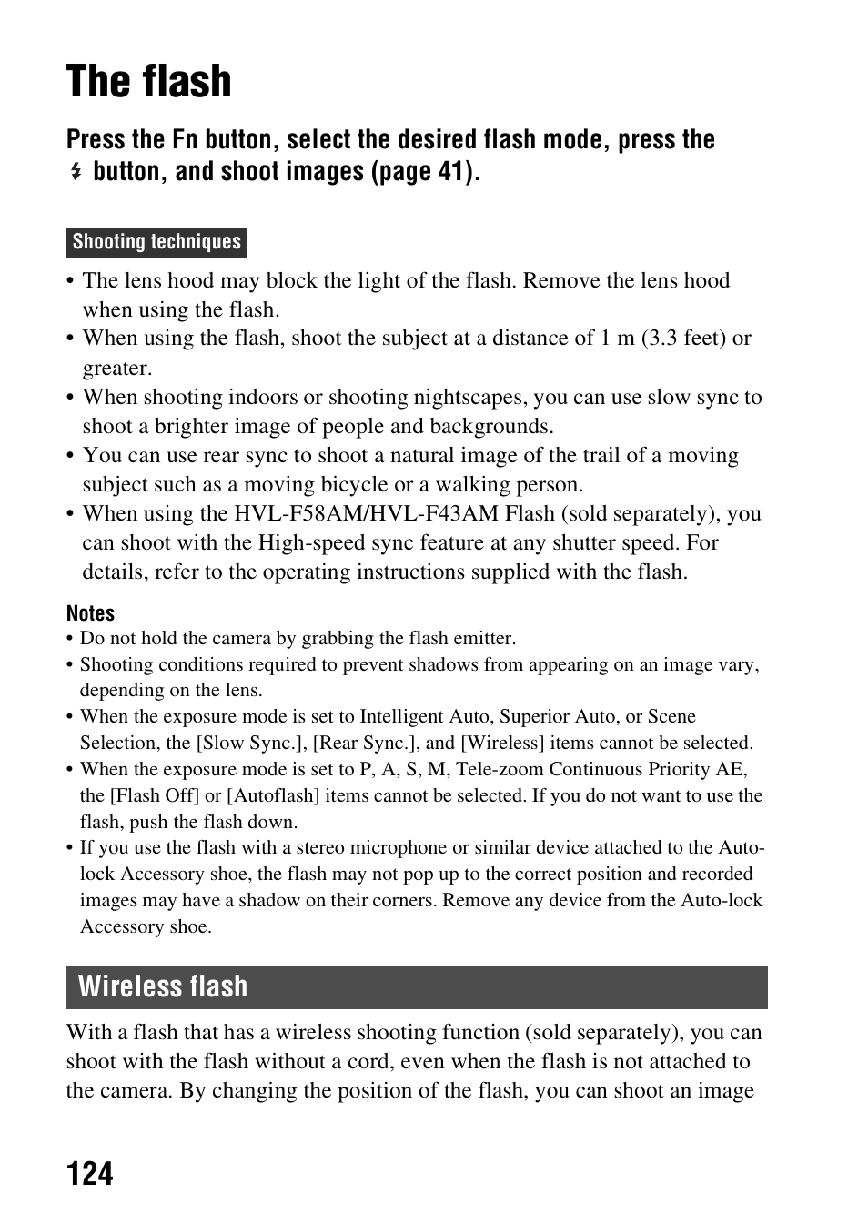 The flash, Wireless flash | Sony SLT-A37 User Manual | Page 124 / 209