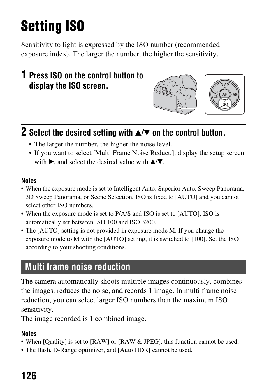 Setting iso, Multi frame noise reduction, O (126) | Ivity (126) | Sony SLT-A37 User Manual | Page 126 / 209