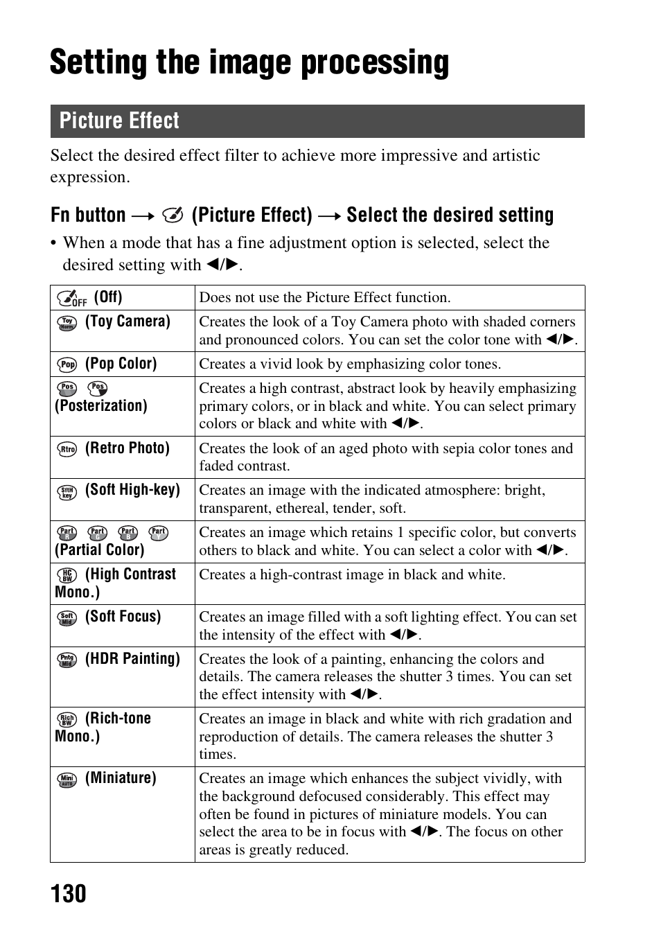 Setting the image processing, Picture effect, E effect (130) | Ect (130) | Sony SLT-A37 User Manual | Page 130 / 209