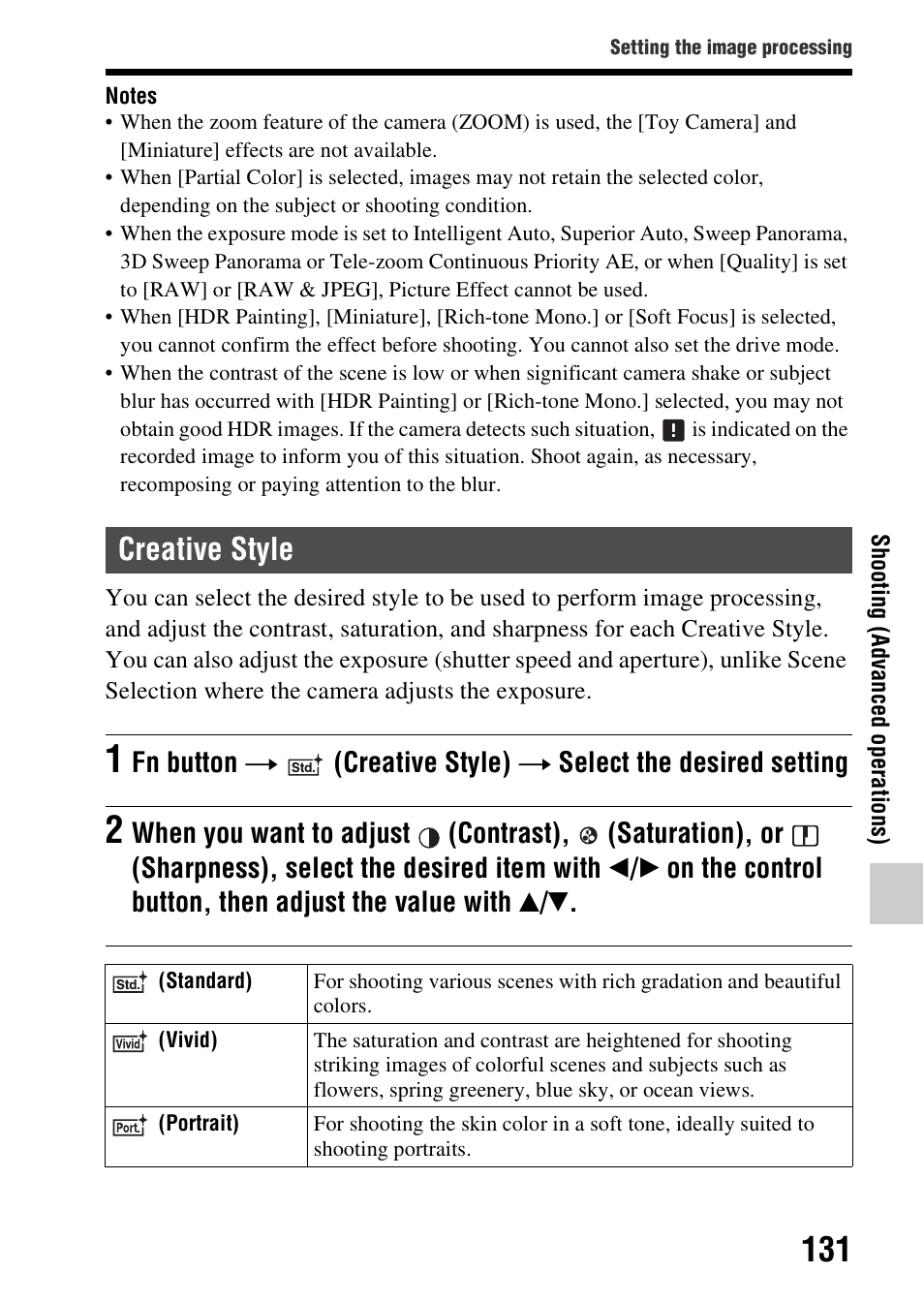 Creative style, E (131), Fn button t | Creative style) t select the desired setting | Sony SLT-A37 User Manual | Page 131 / 209