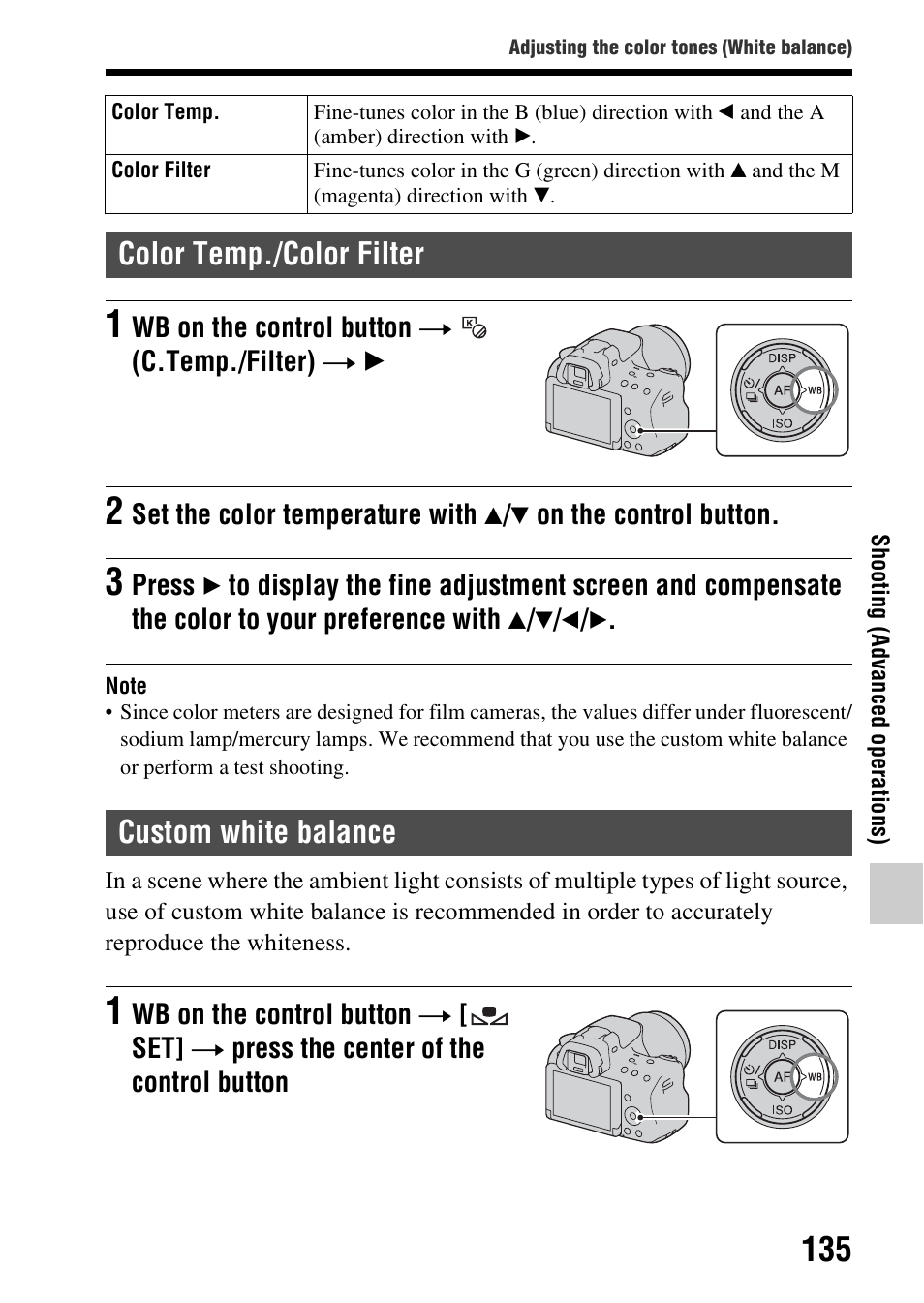 Color temp./color filter, Custom white balance, Color temp./color filter custom white balance | Sony SLT-A37 User Manual | Page 135 / 209