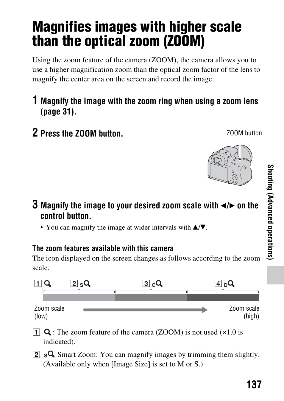 Zoom), N (137), Button (137) | Oom (137), Om (137) | Sony SLT-A37 User Manual | Page 137 / 209