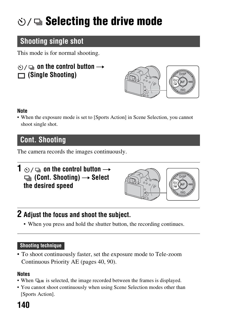Selecting the drive mode, Shooting single shot, Cont. shooting | Shooting single shot cont. shooting, Ting (140) | Sony SLT-A37 User Manual | Page 140 / 209