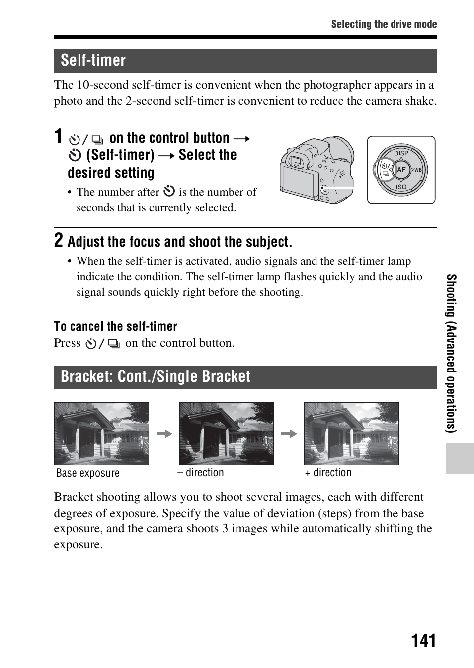 Self-timer, Bracket: cont./single bracket, Self-timer bracket: cont./single bracket | Sony SLT-A37 User Manual | Page 141 / 209