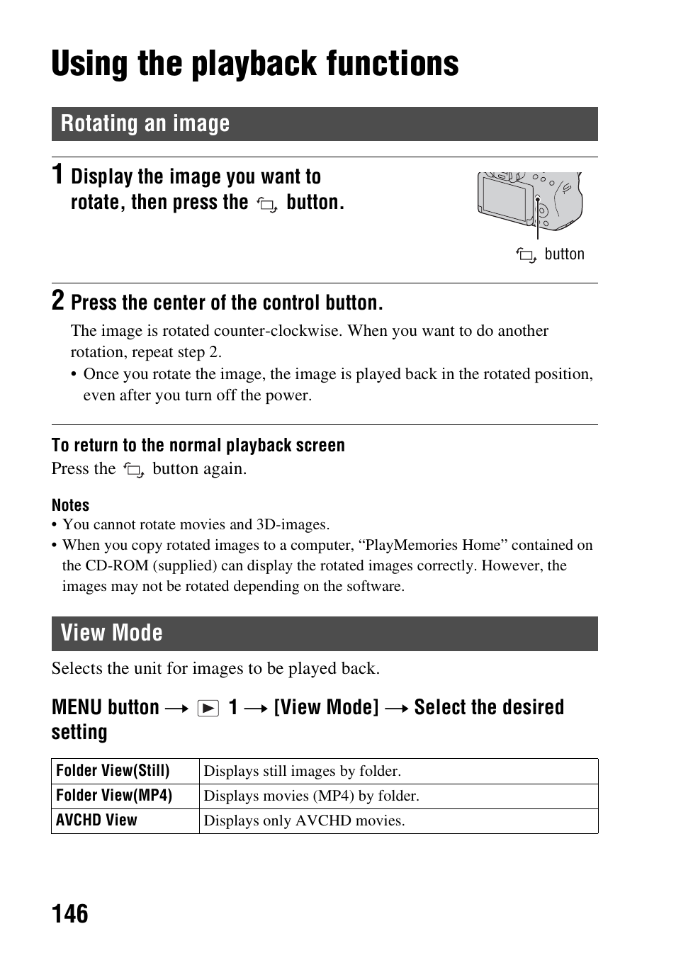 Using the playback functions, Rotating an image, View mode | Rotating an image view mode, Utton (146), Ode (146) | Sony SLT-A37 User Manual | Page 146 / 209