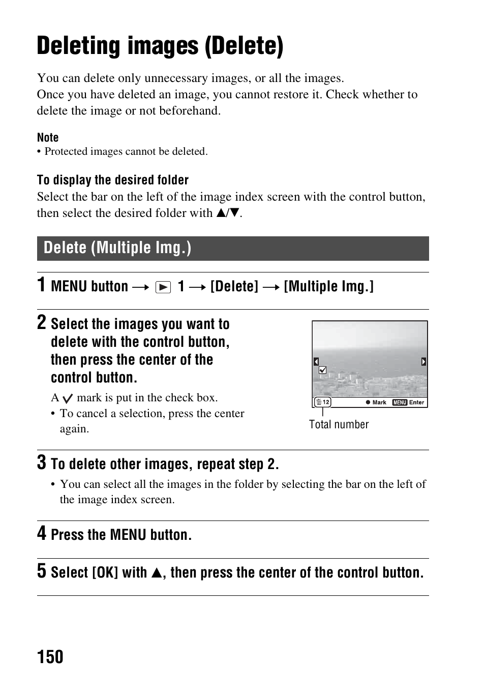 Deleting images (delete), Delete (multiple img.) | Sony SLT-A37 User Manual | Page 150 / 209