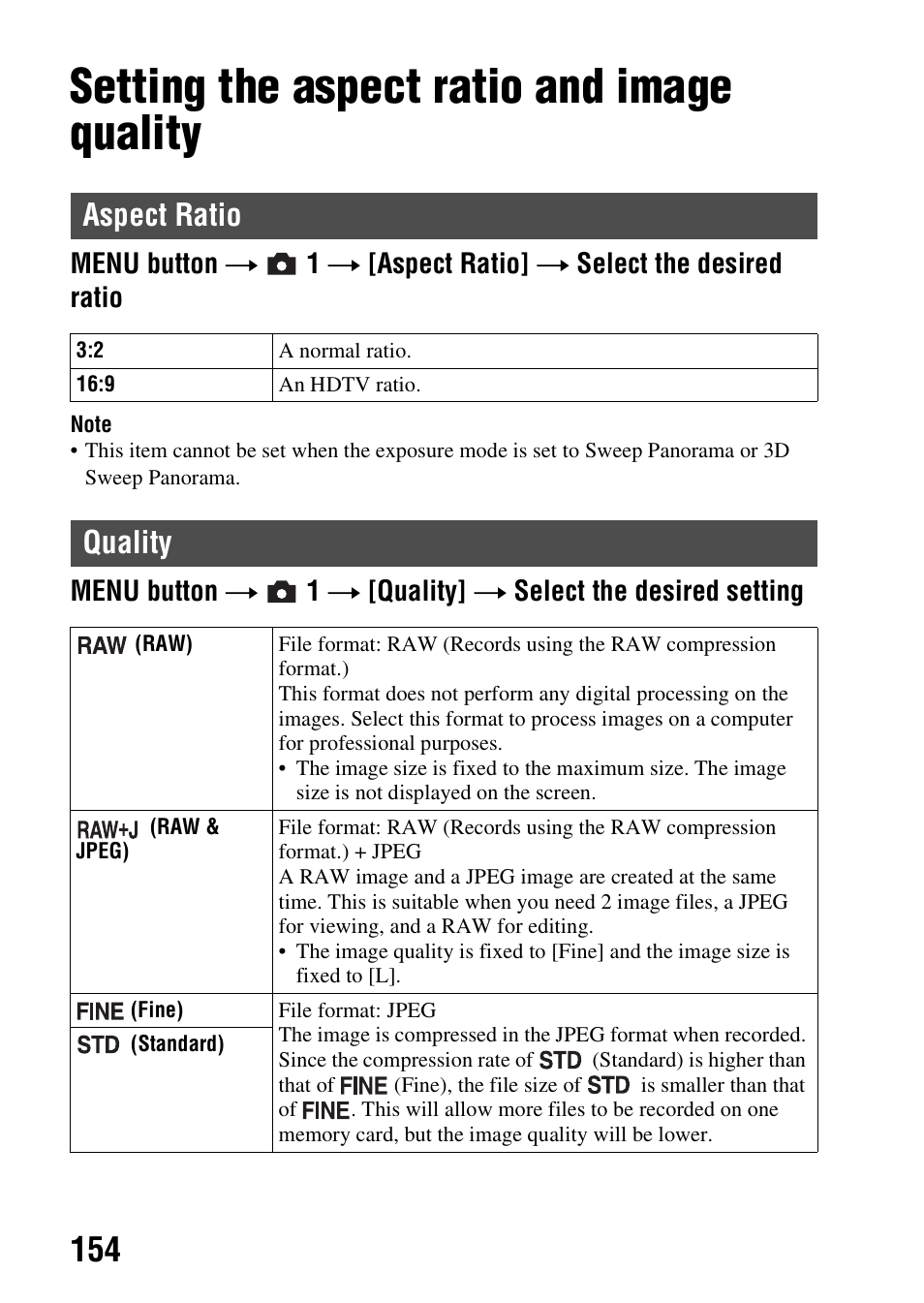 Setup of the camera, Setting the aspect ratio and image quality, Aspect ratio | Quality, Aspect ratio quality, O (154), Y (154), Setup of the camera (advanced operations) | Sony SLT-A37 User Manual | Page 154 / 209
