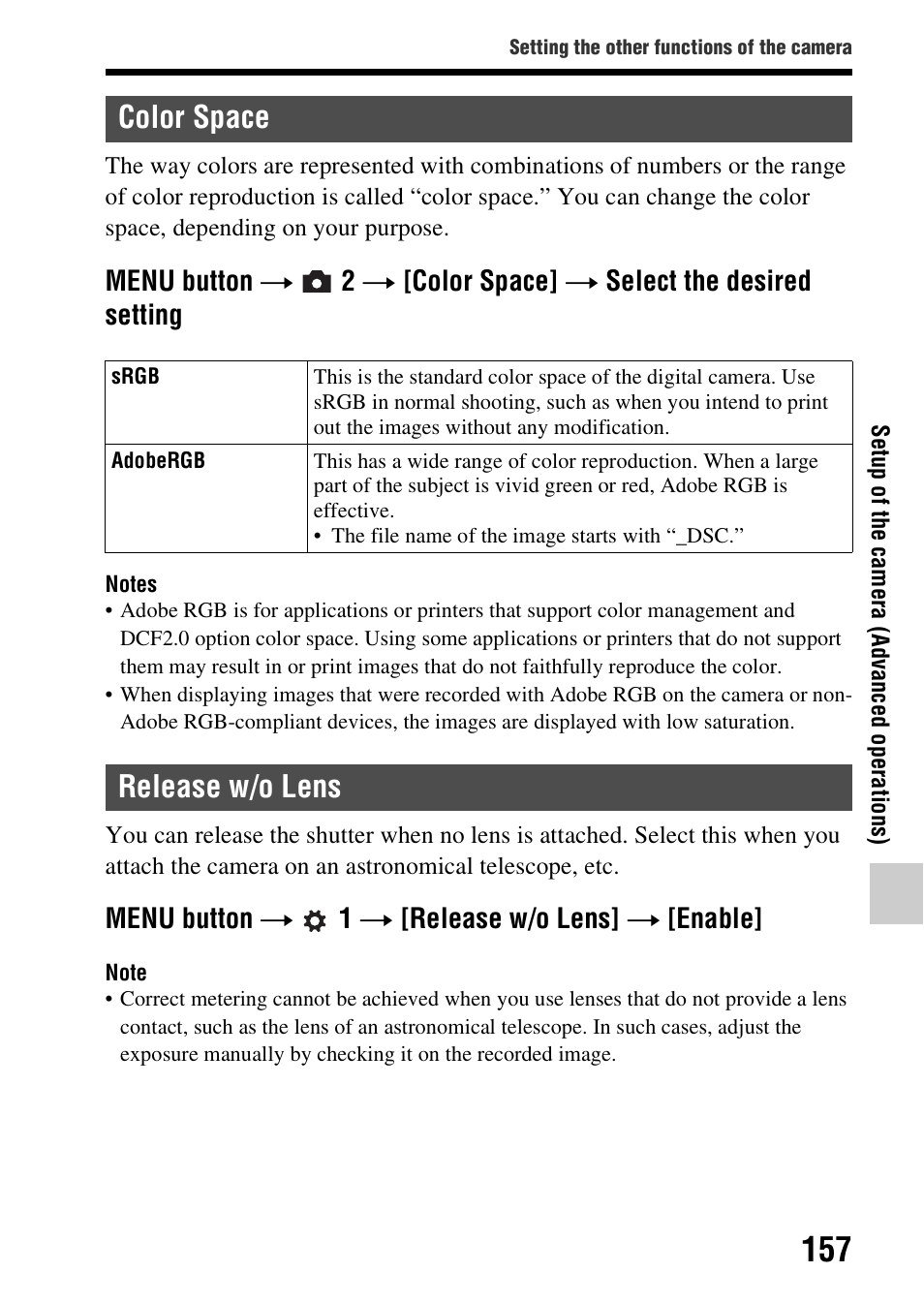 Color space, Release w/o lens, Color space release w/o lens | Space (157), Menu button t 1 t [release w/o lens] t [enable | Sony SLT-A37 User Manual | Page 157 / 209