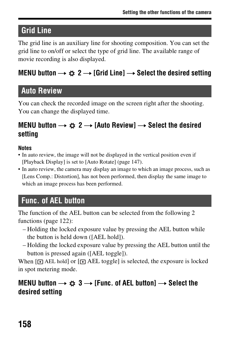 Grid line, Auto review, Func. of ael button | Grid line auto review func. of ael button, Ne (158) | Sony SLT-A37 User Manual | Page 158 / 209