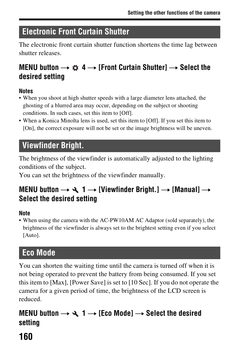Electronic front curtain shutter, Viewfinder bright, Eco mode | Eco mode (160) | Sony SLT-A37 User Manual | Page 160 / 209