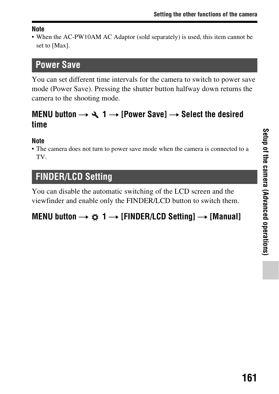 Power save, Finder/lcd setting, Power save finder/lcd setting | N (161), Ave (161) | Sony SLT-A37 User Manual | Page 161 / 209