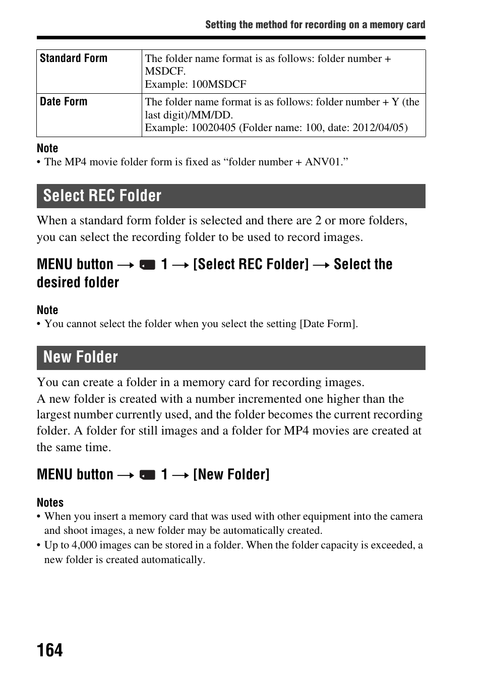 Select rec folder, New folder, Select rec folder new folder | Menu button t 1 t [new folder | Sony SLT-A37 User Manual | Page 164 / 209