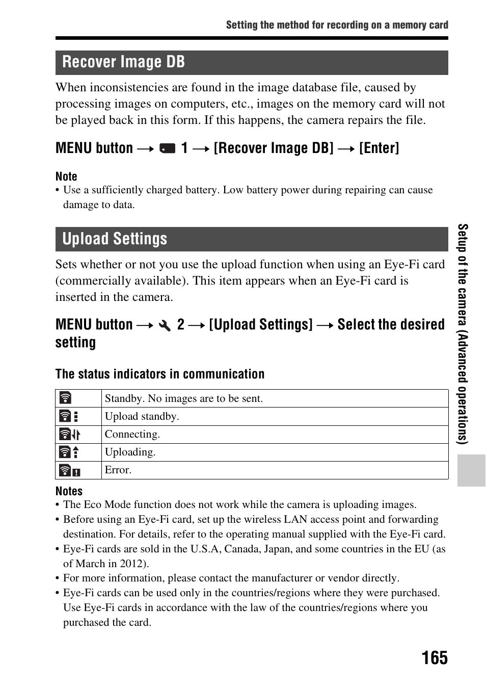 Recover image db, Upload settings, Recover image db upload settings | D (165), Upload (165), Menu button t 1 t [recover image db] t [enter | Sony SLT-A37 User Manual | Page 165 / 209