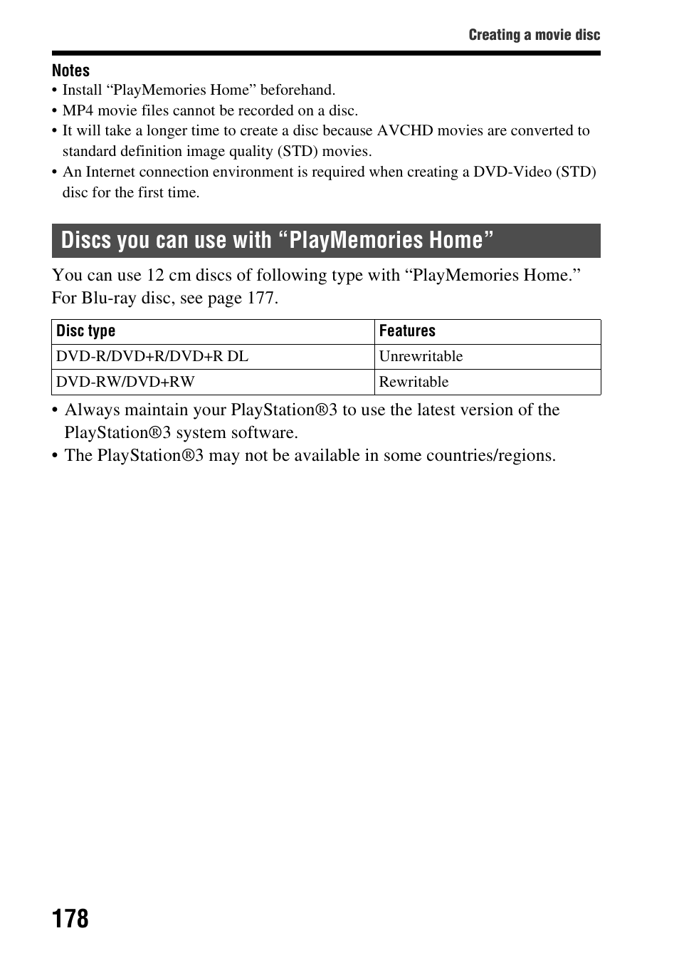 Discs you can use with “playmemories home | Sony SLT-A37 User Manual | Page 178 / 209