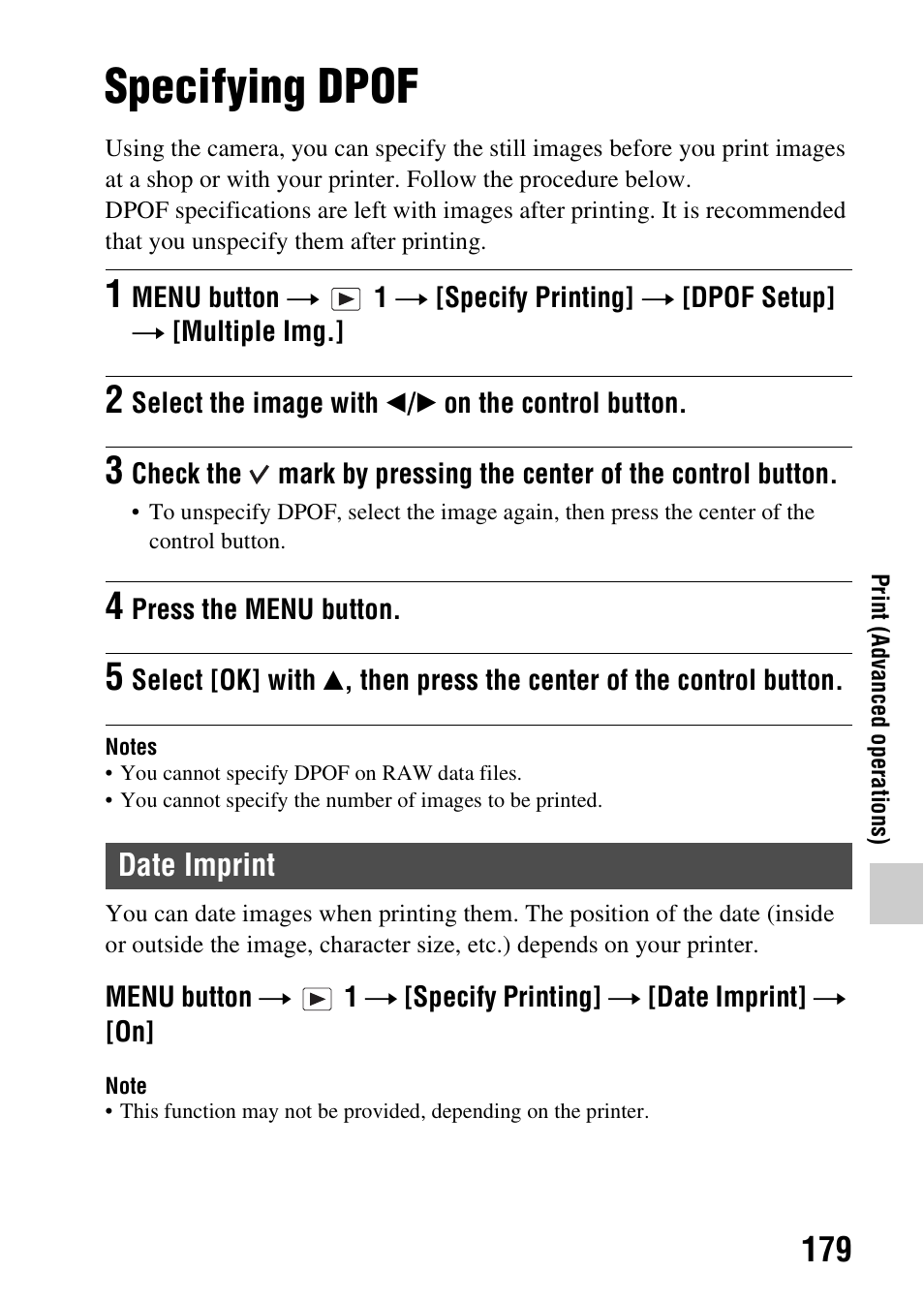 Print, Specifying dpof, Date imprint | Sony SLT-A37 User Manual | Page 179 / 209