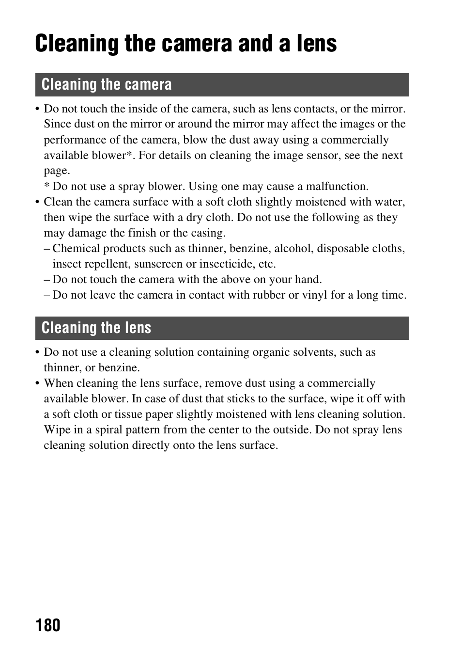 Cleaning, Cleaning the camera and a lens, Cleaning (advanced operations) | Cleaning the camera cleaning the lens | Sony SLT-A37 User Manual | Page 180 / 209