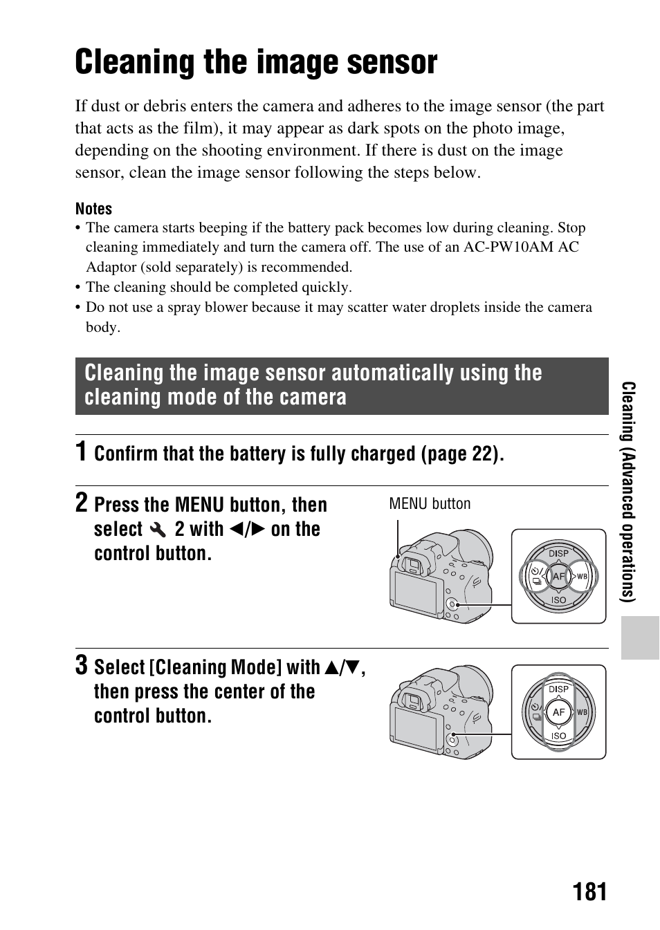 Cleaning the image sensor | Sony SLT-A37 User Manual | Page 181 / 209