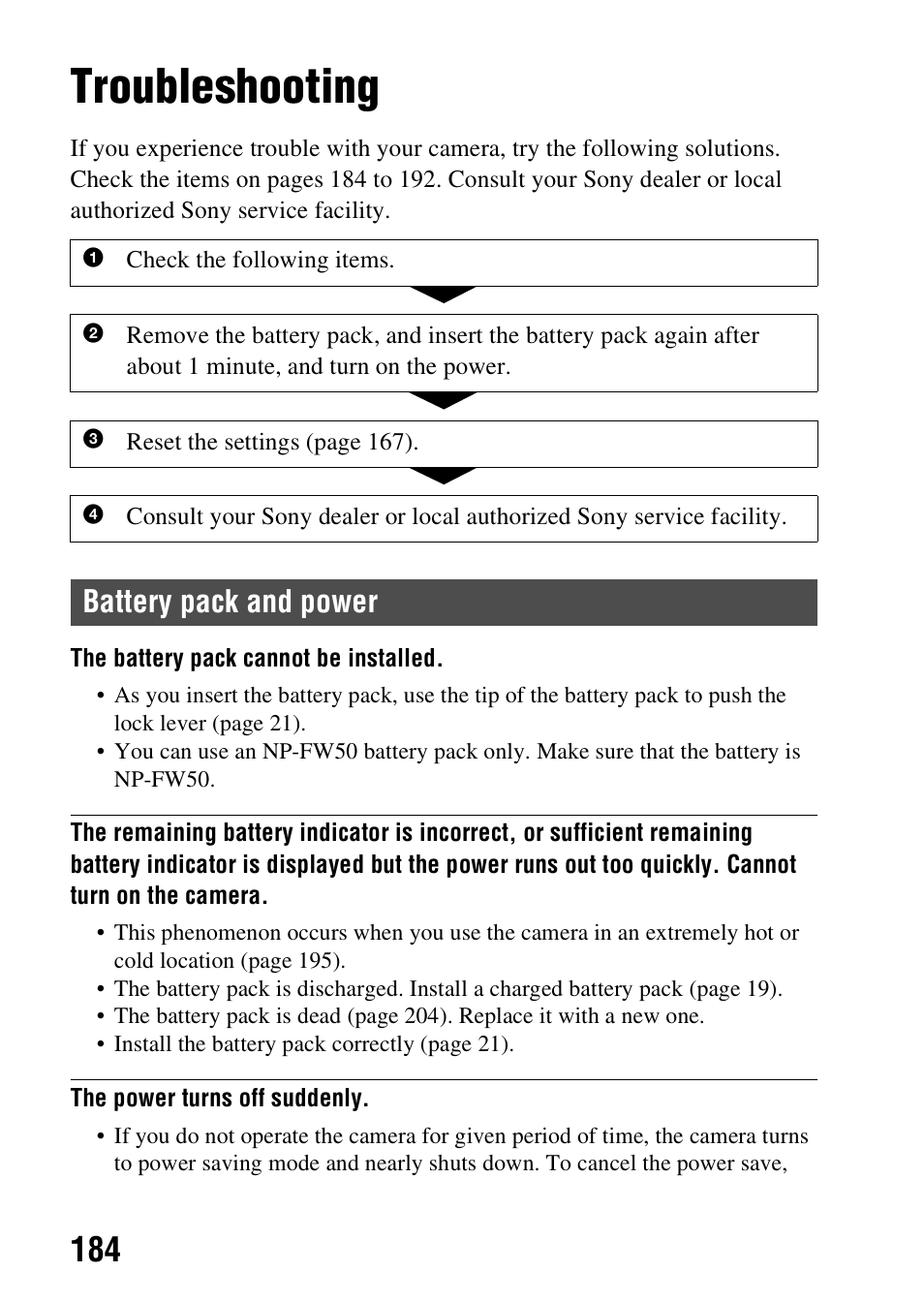 Trouble shooting/others, Troubleshooting, Trouble shooting/others (advanced operations) | Battery pack and power | Sony SLT-A37 User Manual | Page 184 / 209