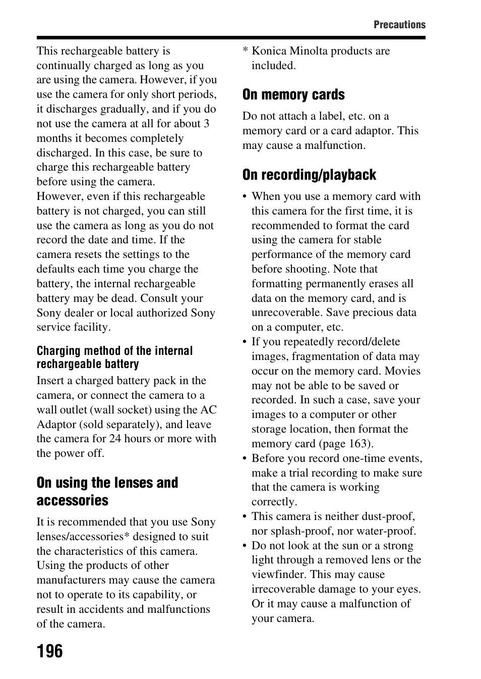 On using the lenses and accessories, On recording/playback | Sony SLT-A37 User Manual | Page 196 / 209