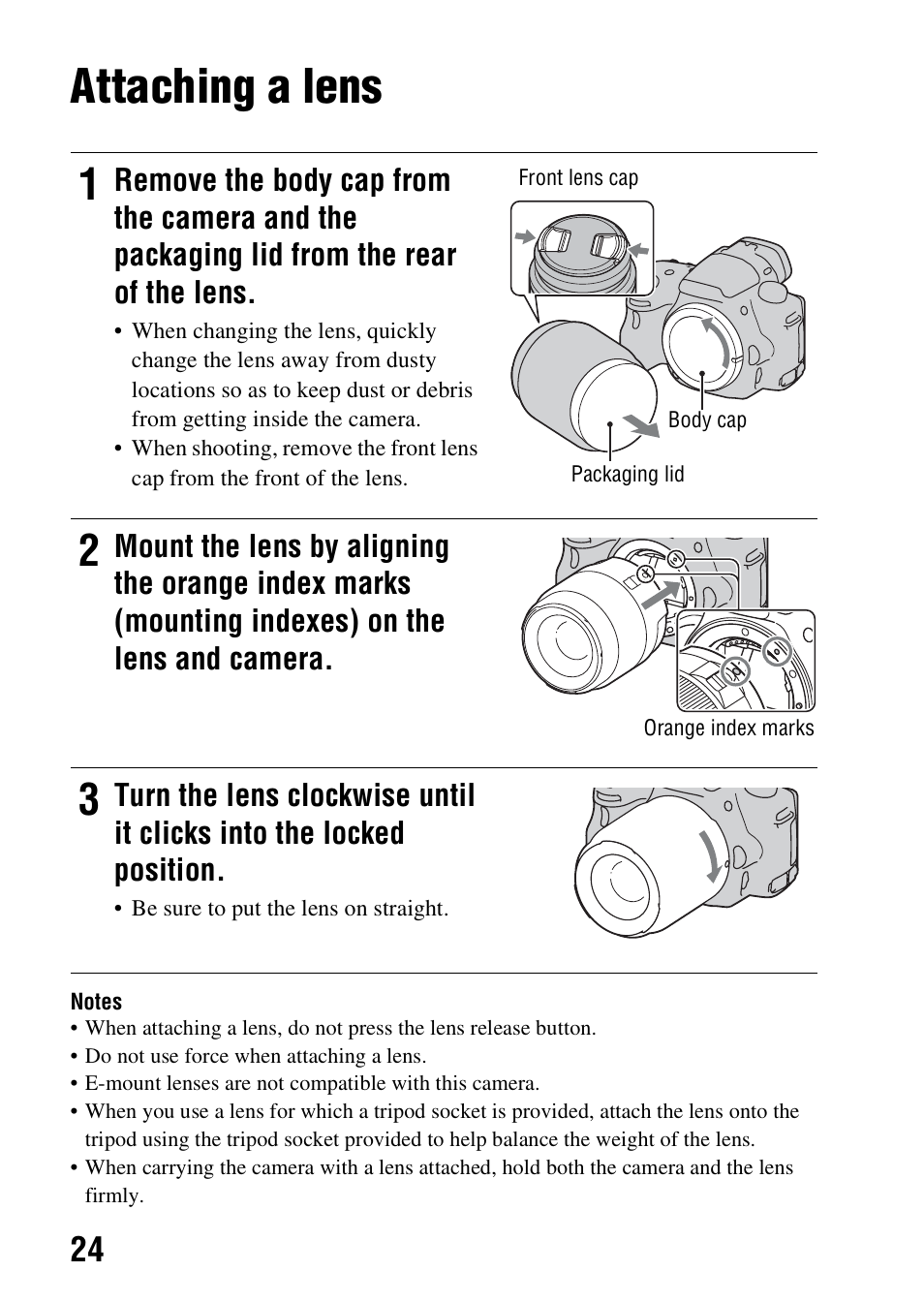 Attaching a lens | Sony SLT-A37 User Manual | Page 24 / 209