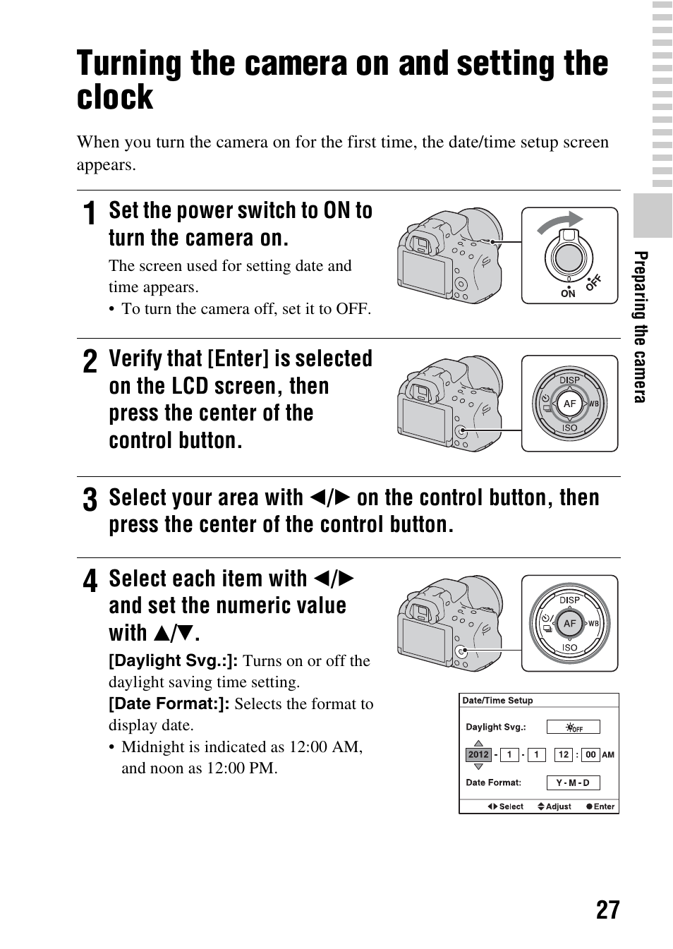 Turning the camera on and setting the clock | Sony SLT-A37 User Manual | Page 27 / 209