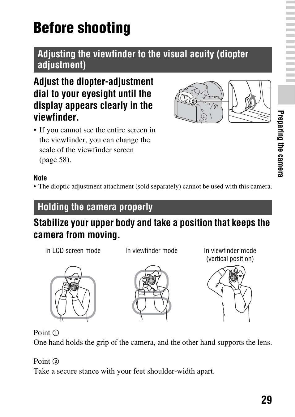 Before shooting, Holding the camera properly, Adjustment) | Sony SLT-A37 User Manual | Page 29 / 209