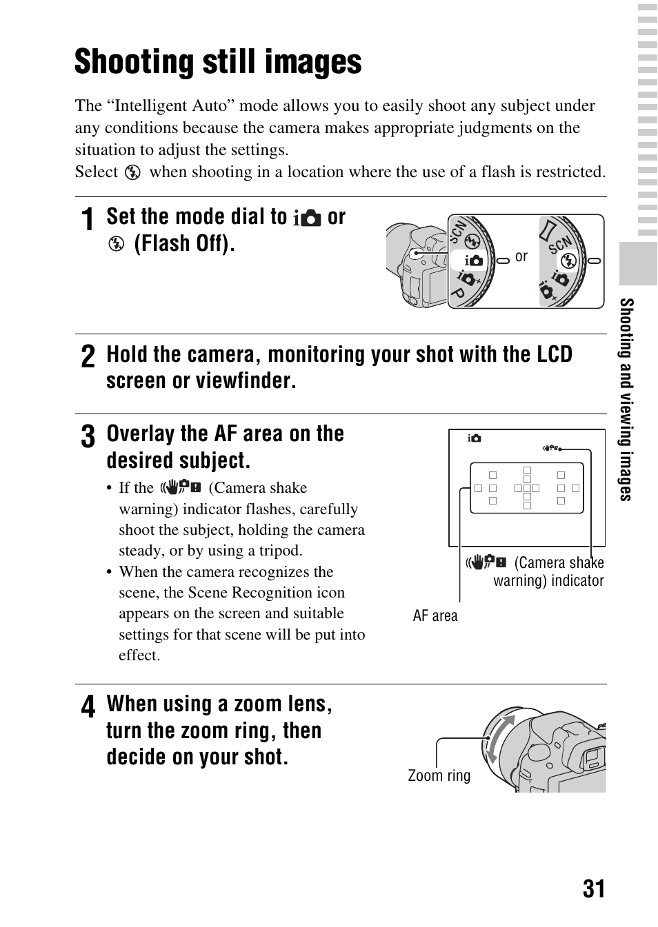 Shooting and viewing images, Shooting still images, On (31) | Sony SLT-A37 User Manual | Page 31 / 209