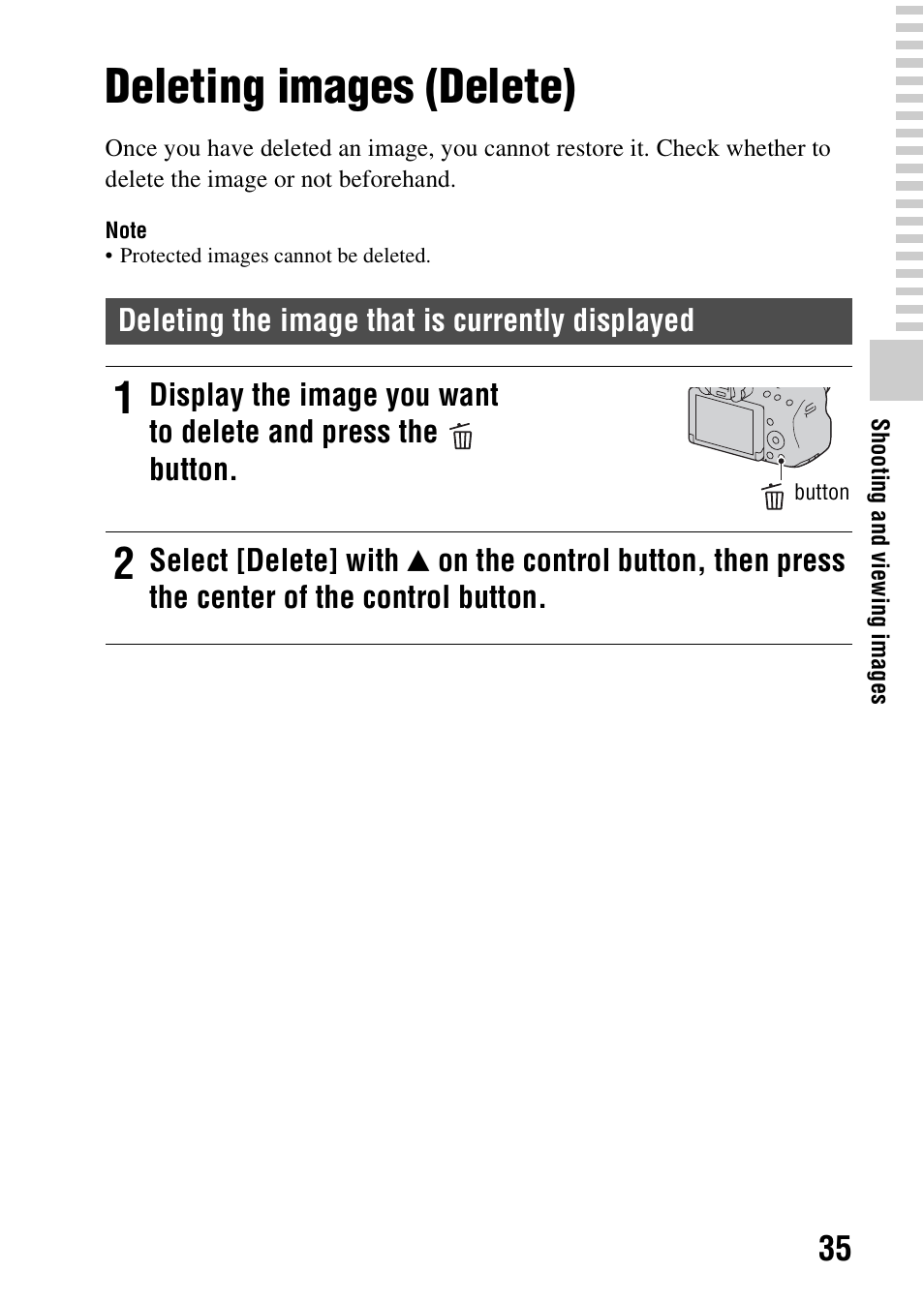 Deleting images (delete) | Sony SLT-A37 User Manual | Page 35 / 209