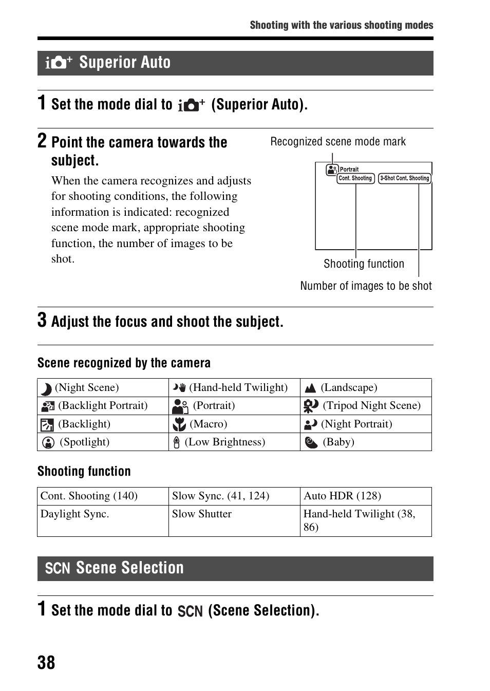 Superior auto, Scene selection | Sony SLT-A37 User Manual | Page 38 / 209