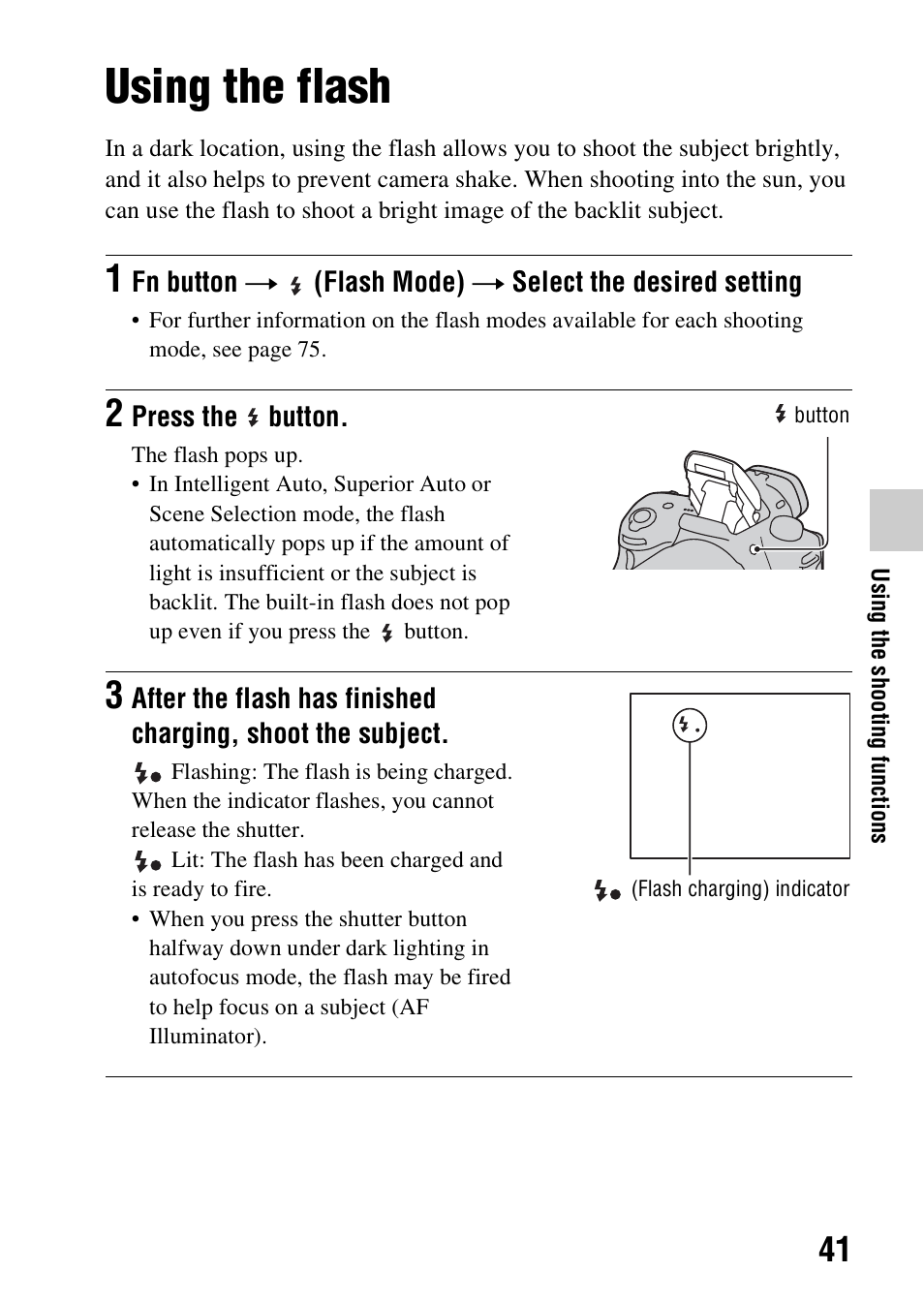 Using the shooting functions, Using the flash, N (41 | Sony SLT-A37 User Manual | Page 41 / 209