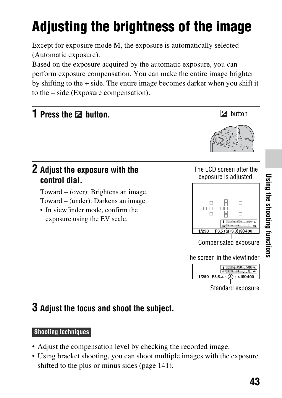 Adjusting the brightness of the image, N (43) | Sony SLT-A37 User Manual | Page 43 / 209