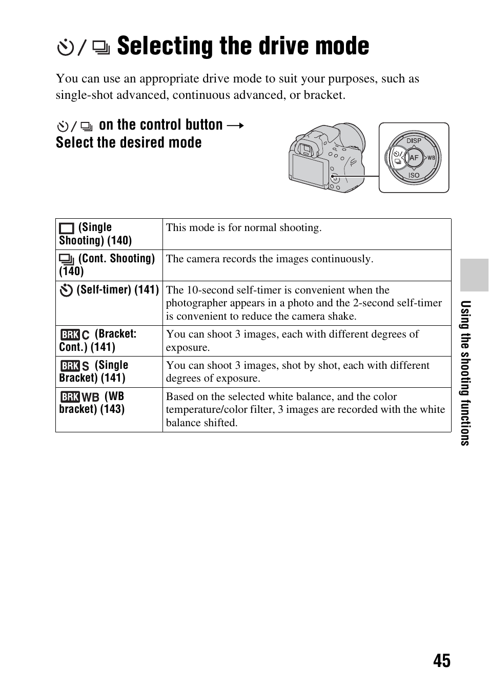 Selecting the drive mode, On the control button t select the desired mode | Sony SLT-A37 User Manual | Page 45 / 209