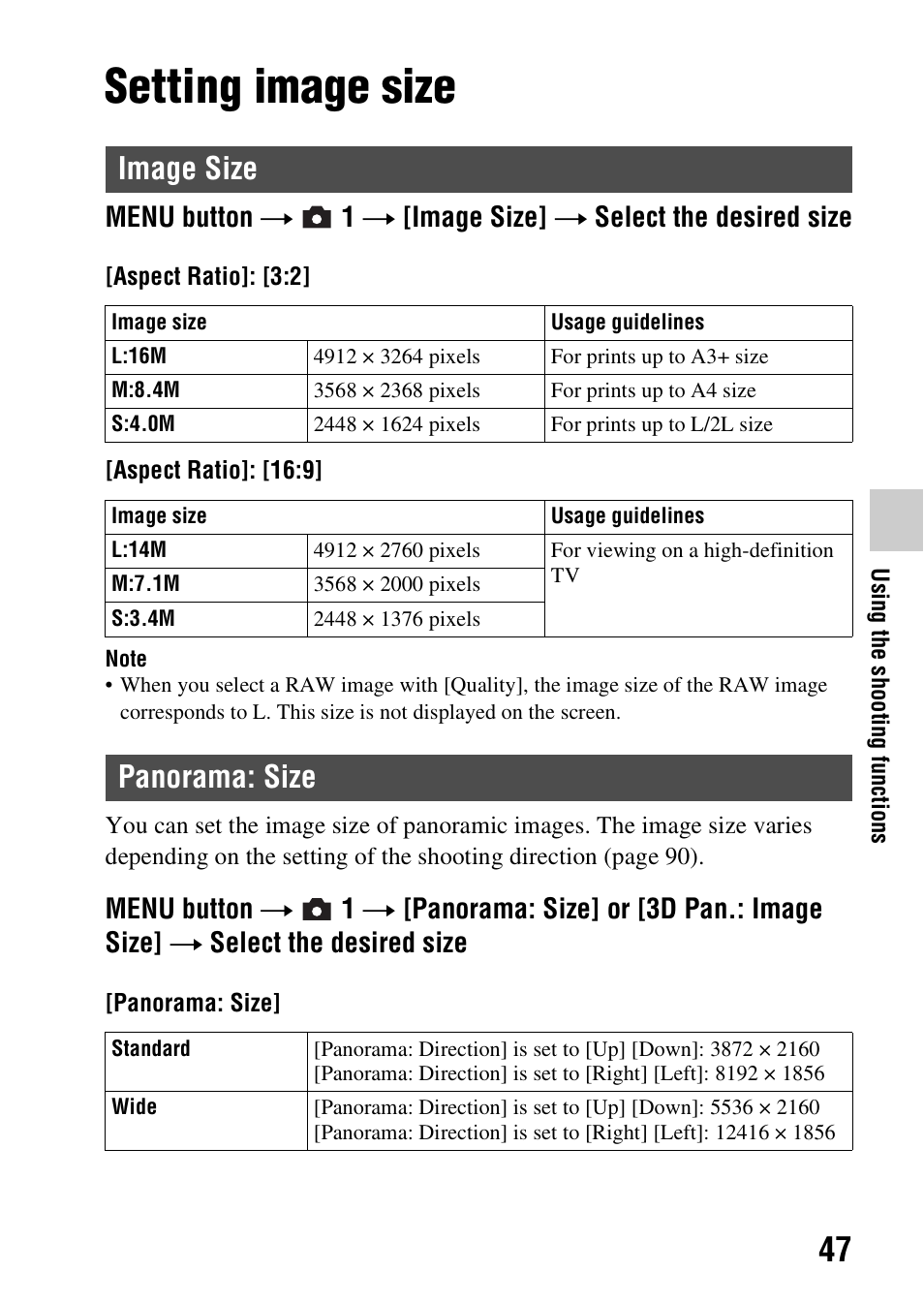 Setting image size, Image size, Panorama: size | Image size panorama: size | Sony SLT-A37 User Manual | Page 47 / 209