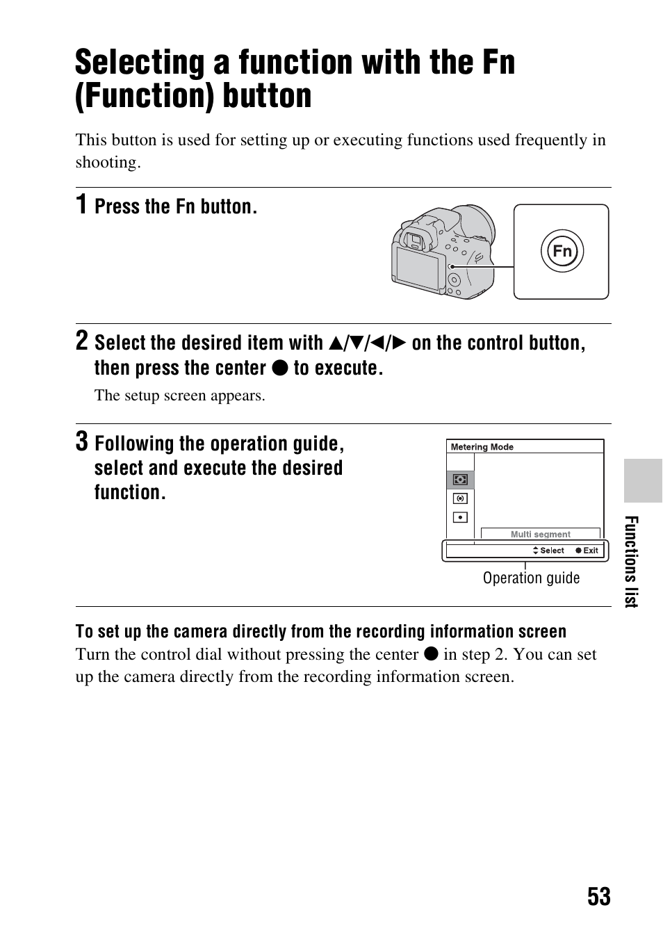 Selecting a function with the fn (function) button | Sony SLT-A37 User Manual | Page 53 / 209