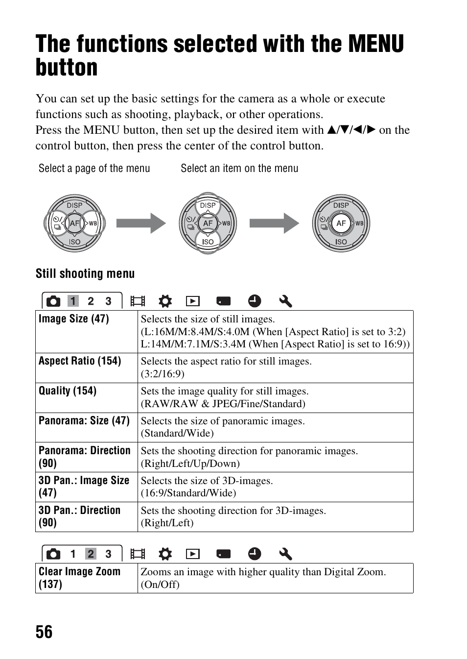 The functions selected with the menu button, N (56), Button (56) | Sony SLT-A37 User Manual | Page 56 / 209