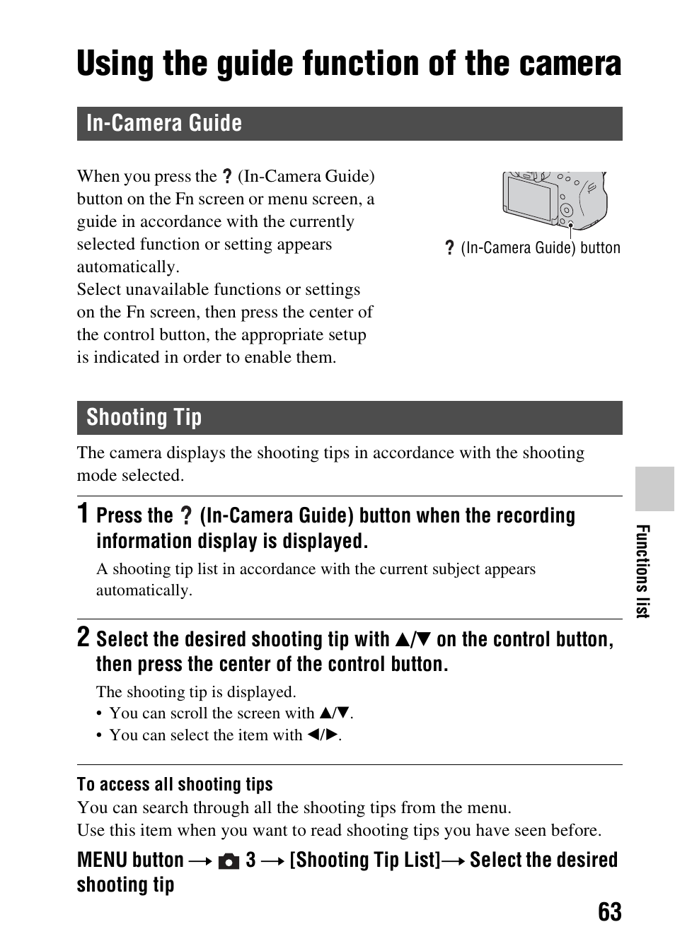 Using the guide function of the camera, In-camera guide, Shooting tip | In-camera guide shooting tip, Ting tip list (63) | Sony SLT-A37 User Manual | Page 63 / 209